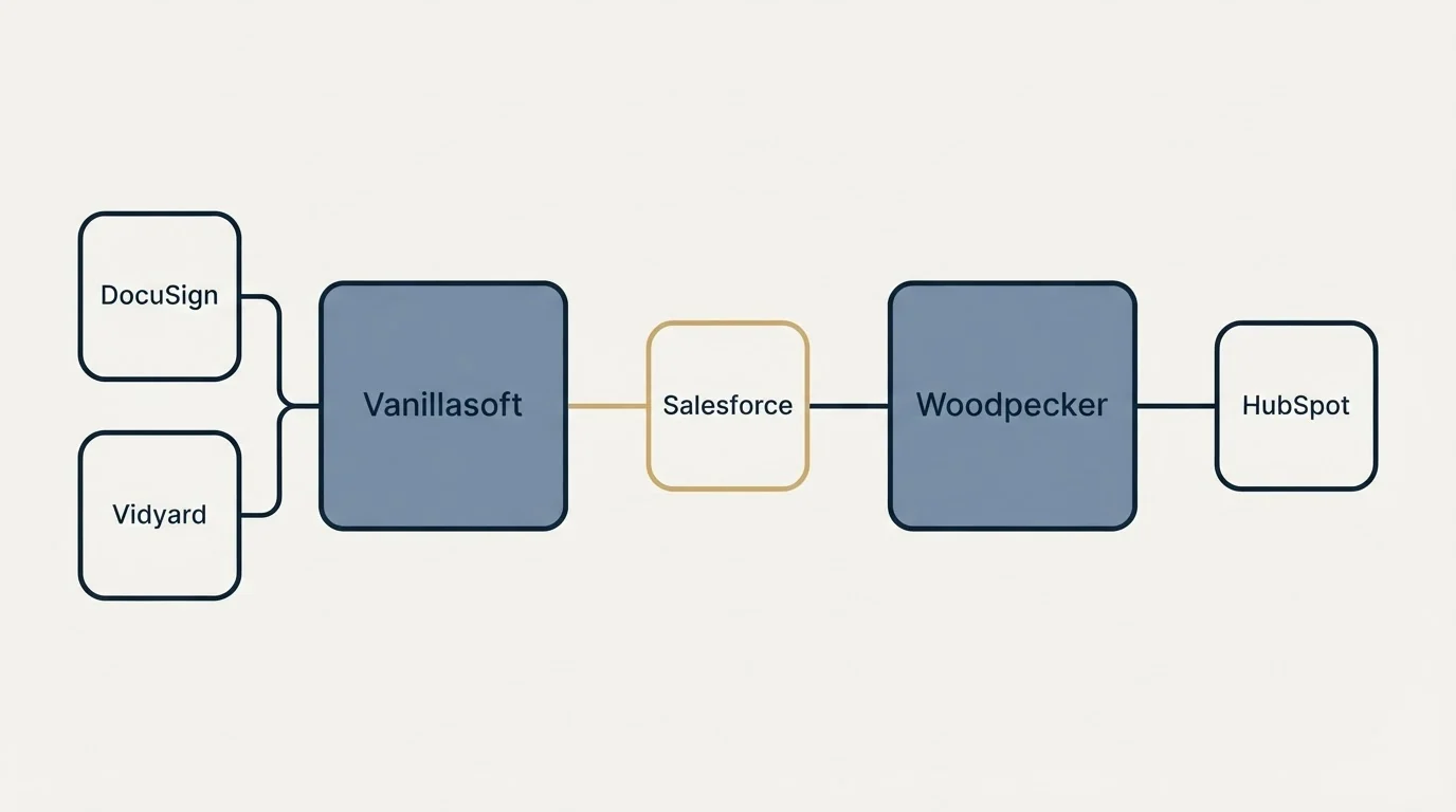 Integration schematic: Integration Ecosystem (Vanillasoft, Woodpecker, Salesforce, DocuSign)