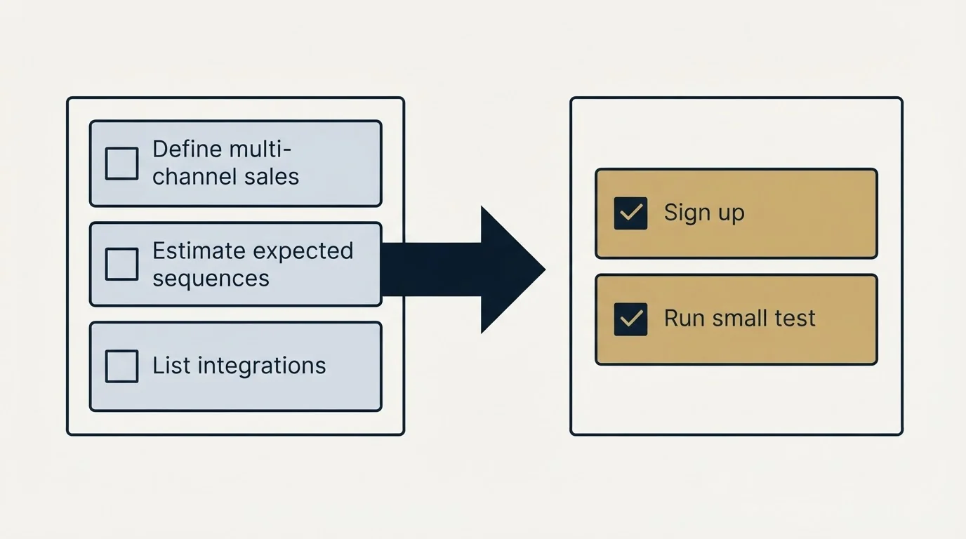 Before-and-after steps: Getting Started Checklist (Define multi-channel sales, Estimate expected sequences, List integrations, Sign up)