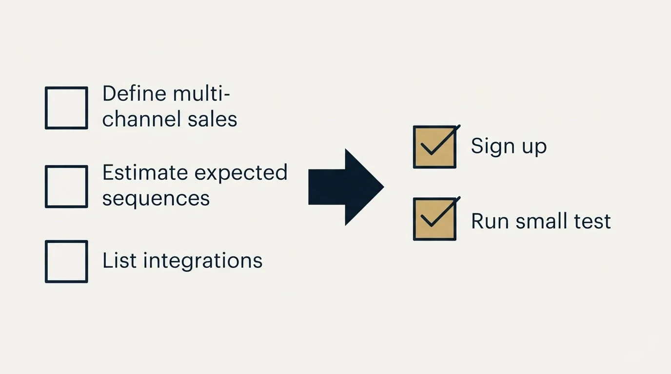 Before-and-after steps: Getting Started Checklist (Define multi-channel sales, Estimate expected sequences, List integrations, Sign up)