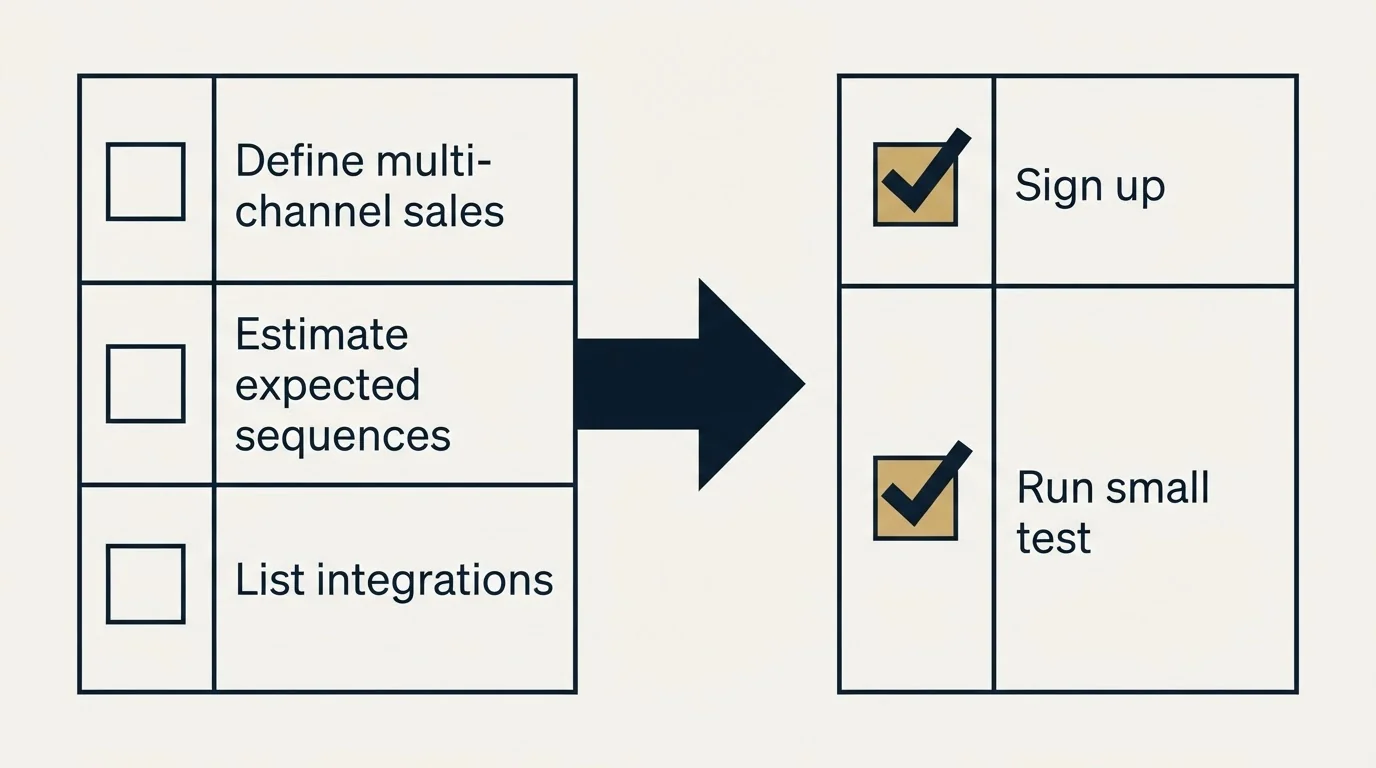 Before-and-after steps: Getting Started Checklist (Define multi-channel sales, Estimate expected sequences, List integrations, Sign up)