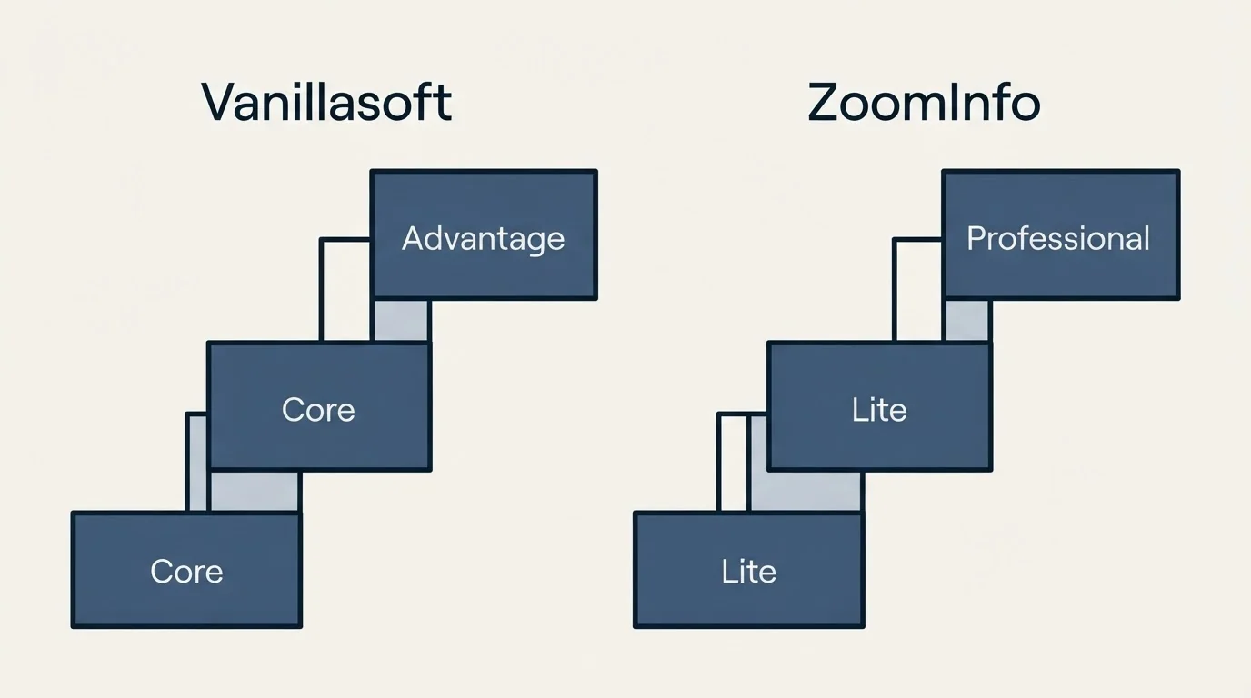 Pricing ladder: Pricing Comparison (Vanillasoft, ZoomInfo, Core, Lite)