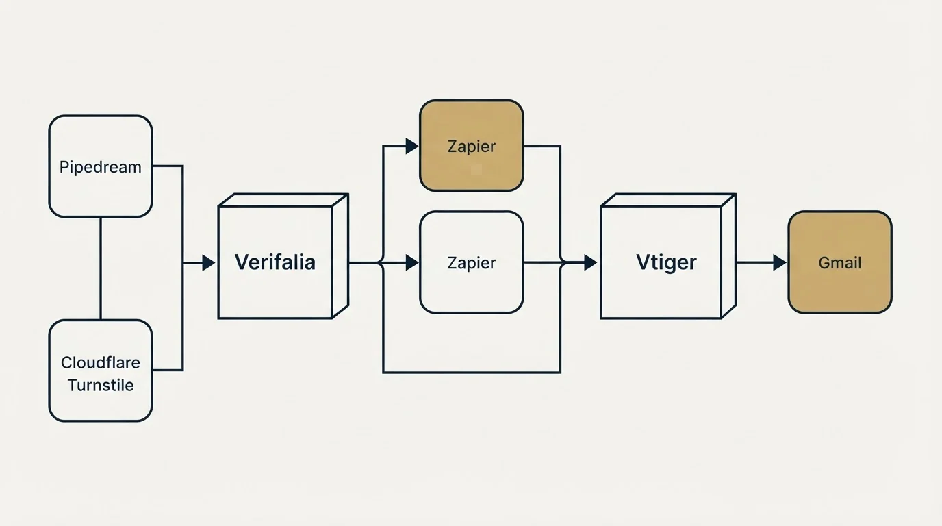 Integration flow: Integration Ecosystem (Verifalia, Vtiger, Zapier, Pipedream)