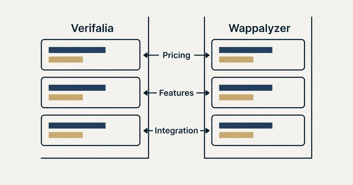 Comparison panel: Verifalia vs Wappalyzer (Pricing, Features, Integration)