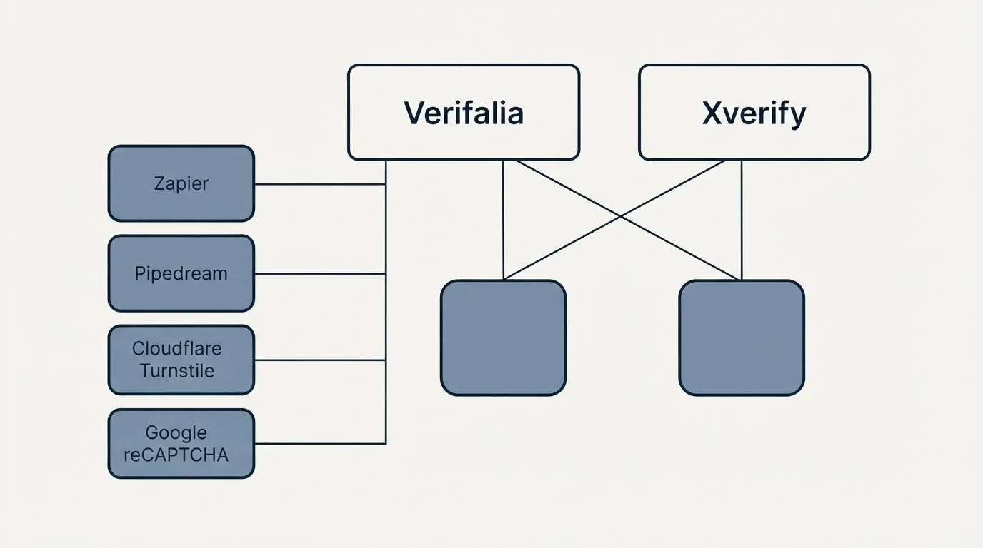 Integration grid: Integration Ecosystem (Verifalia, Xverify, Zapier, Pipedream)