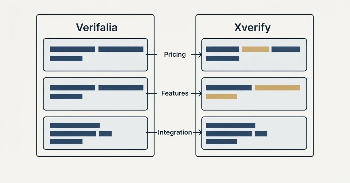 Comparison panel: Verifalia vs Xverify (Pricing, Features, Integration)