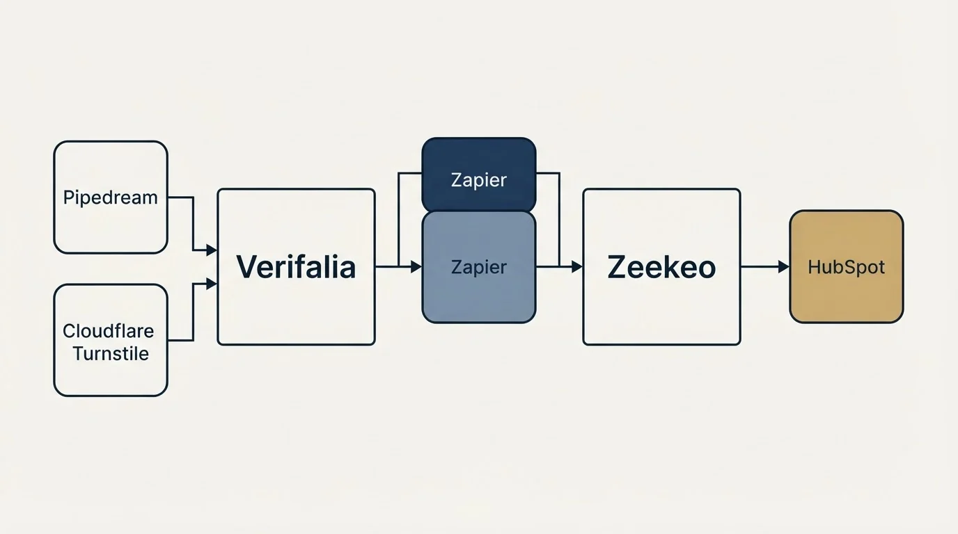 Integration flow: Integration Ecosystem (Verifalia, Zeekeo, Zapier, Pipedream)