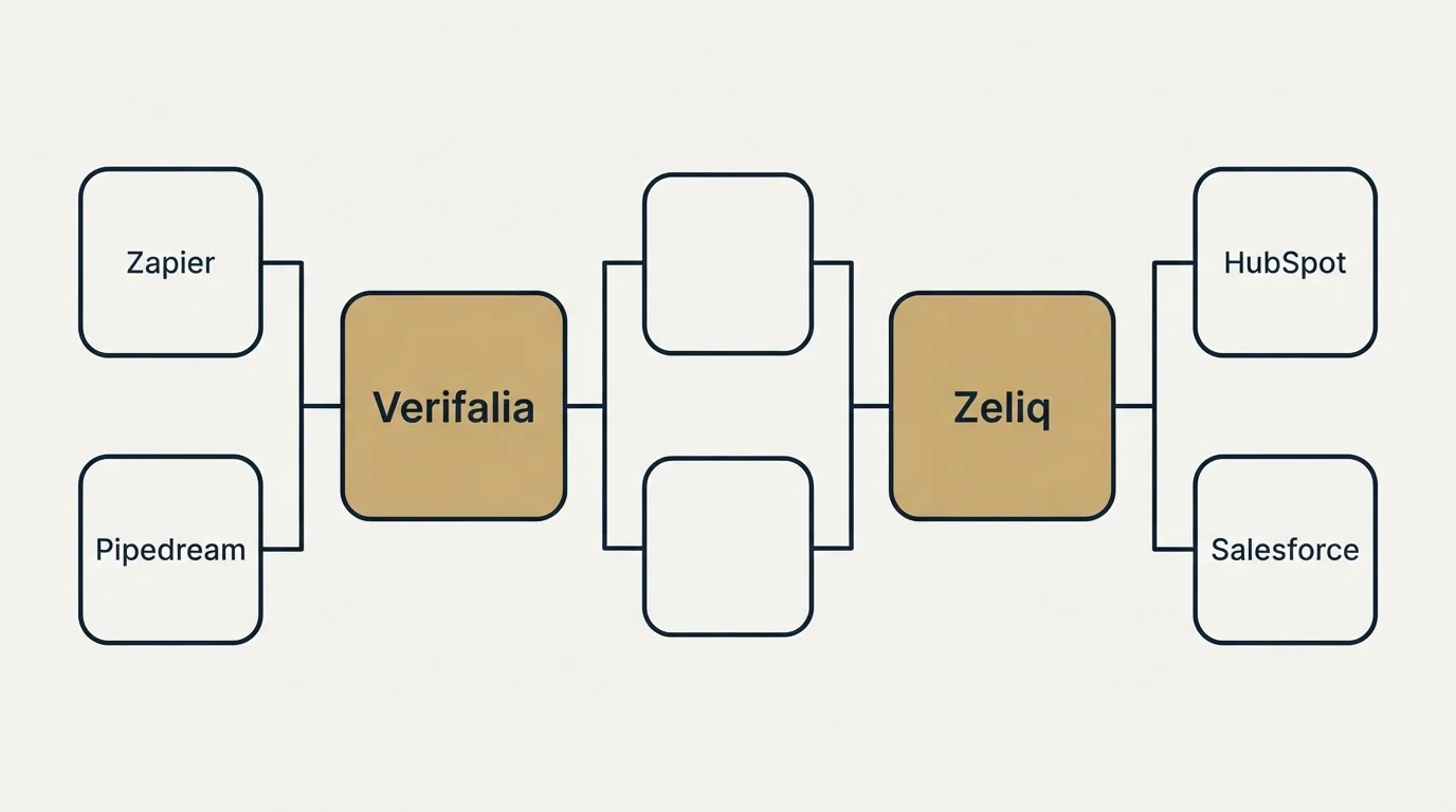 Integration flow: Integration Ecosystem (Verifalia, Zeliq, Zapier, HubSpot)
