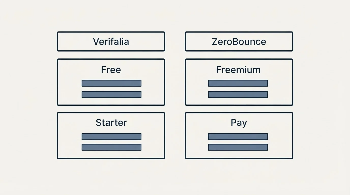Pricing table: Pricing Comparison (Verifalia, ZeroBounce, Free, Freemium)