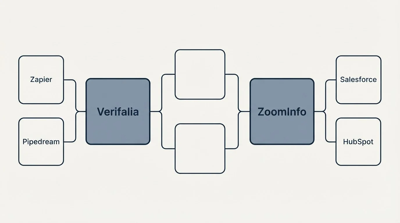 Integration schematic: Integration Ecosystem (Verifalia, ZoomInfo, Zapier, Salesforce)
