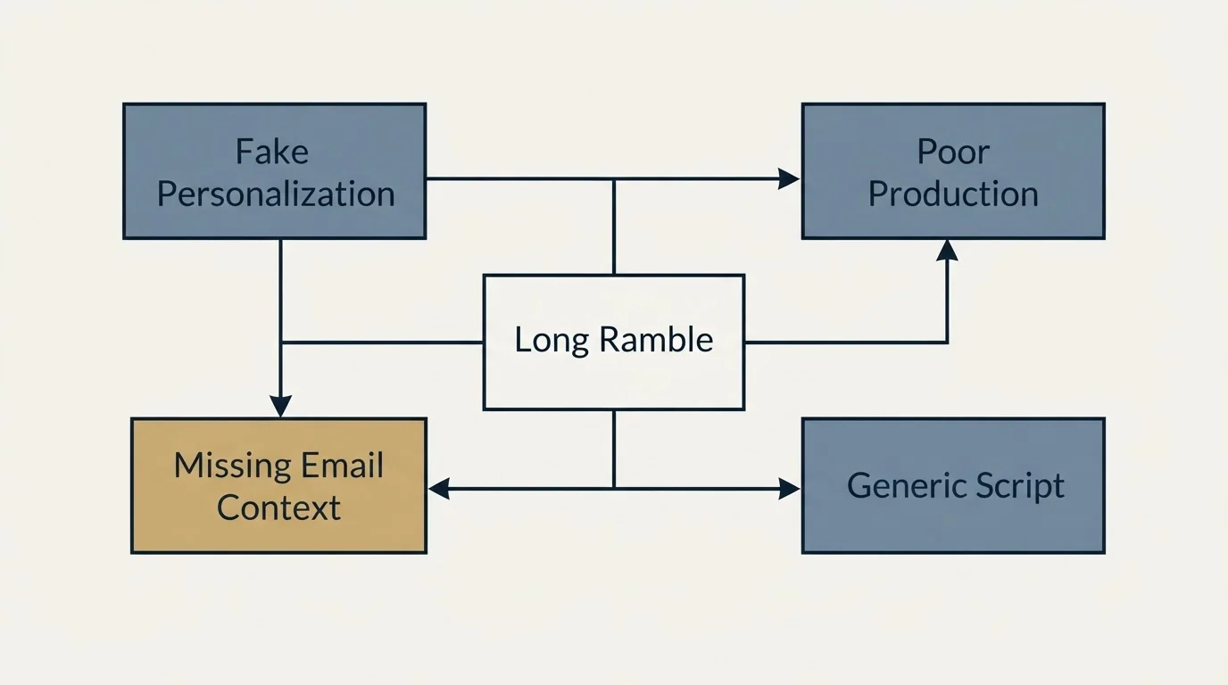 Schematic: Common Video Email Mistakes (Long Ramble, Fake Personalization, Poor Production, Missing Email Context)