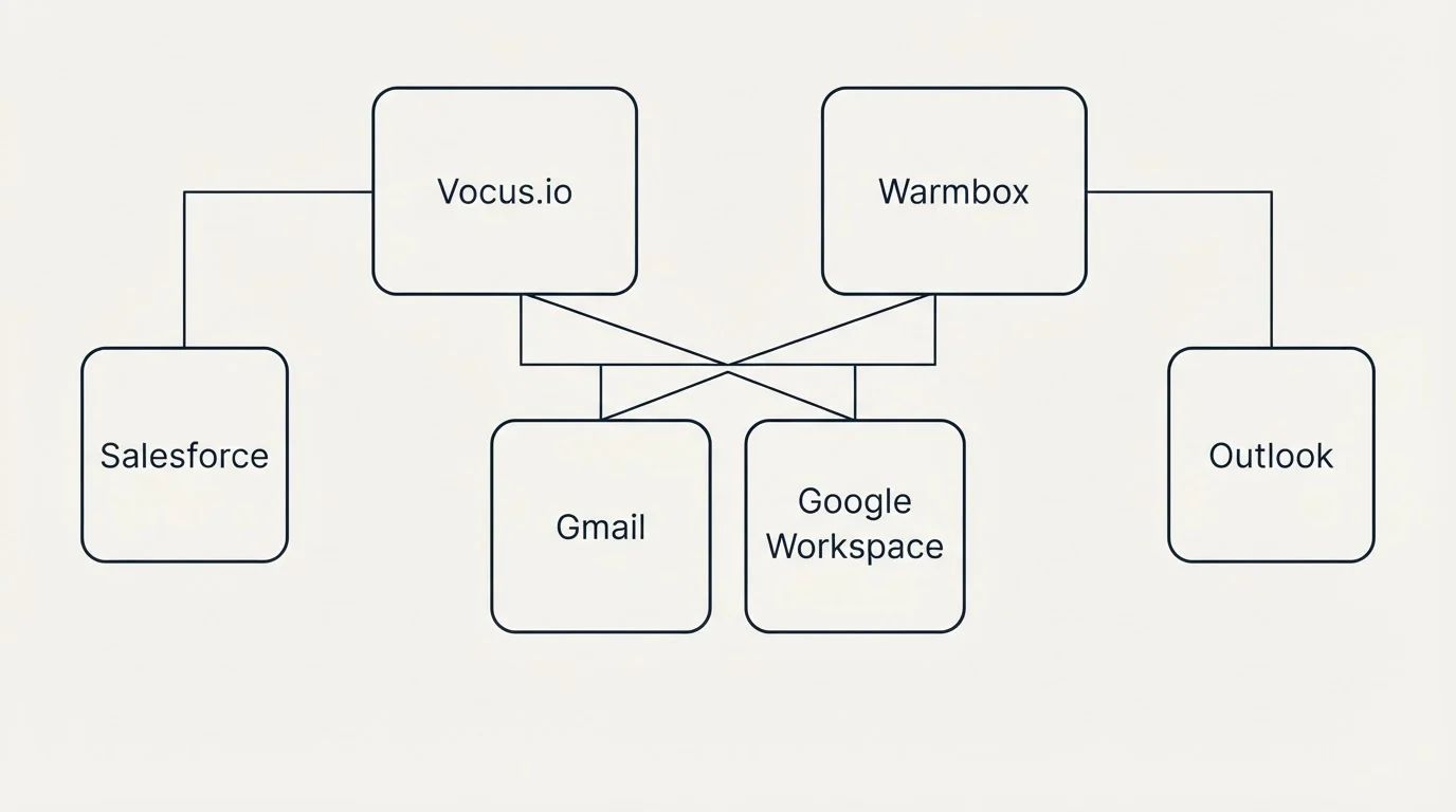 Integration grid: Integration Ecosystem (Vocus.io, Warmbox, Gmail, Google Workspace)