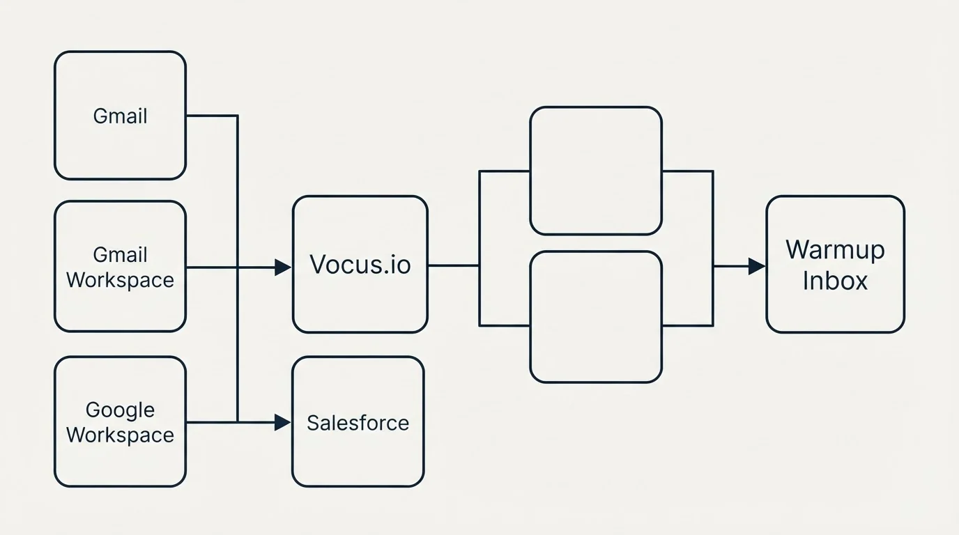 Integration flow: Integration Ecosystem (Vocus.io, Warmup Inbox, Gmail, Gmail Workspace)