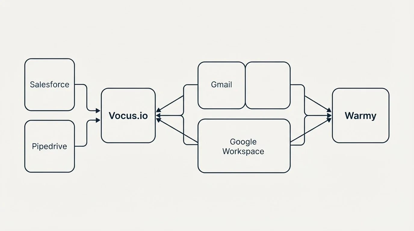 Integration schematic: Integration Ecosystem (Vocus.io, Warmy, Gmail, Google Workspace)