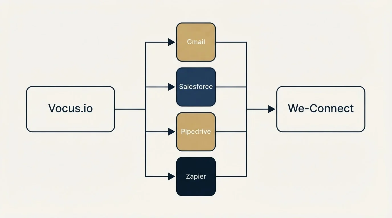 Integration flow: Integration Ecosystem (Vocus.io, We-Connect, Gmail, Salesforce)