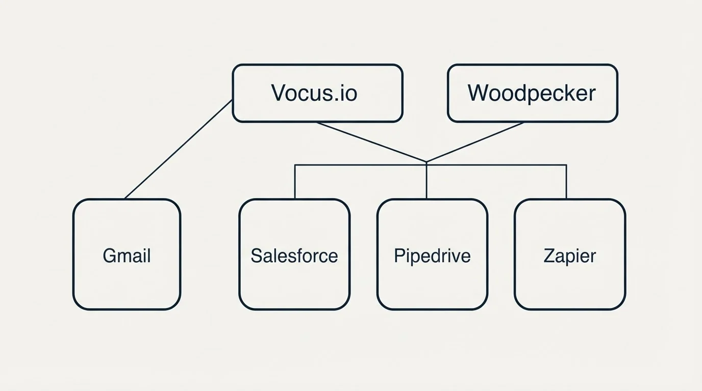 Integration grid: Integration Ecosystem (Vocus.io, Woodpecker, Salesforce, Pipedrive)