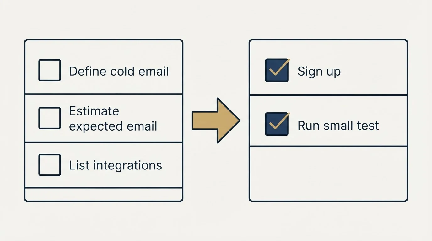 Before-and-after steps: Getting Started Checklist (Define cold email, Estimate expected email, List integrations, Sign up)
