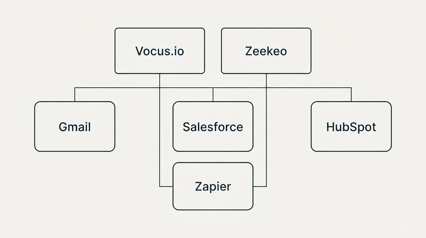 Integration grid: Integration Ecosystem (Vocus.io, Zeekeo, Salesforce, Zapier)