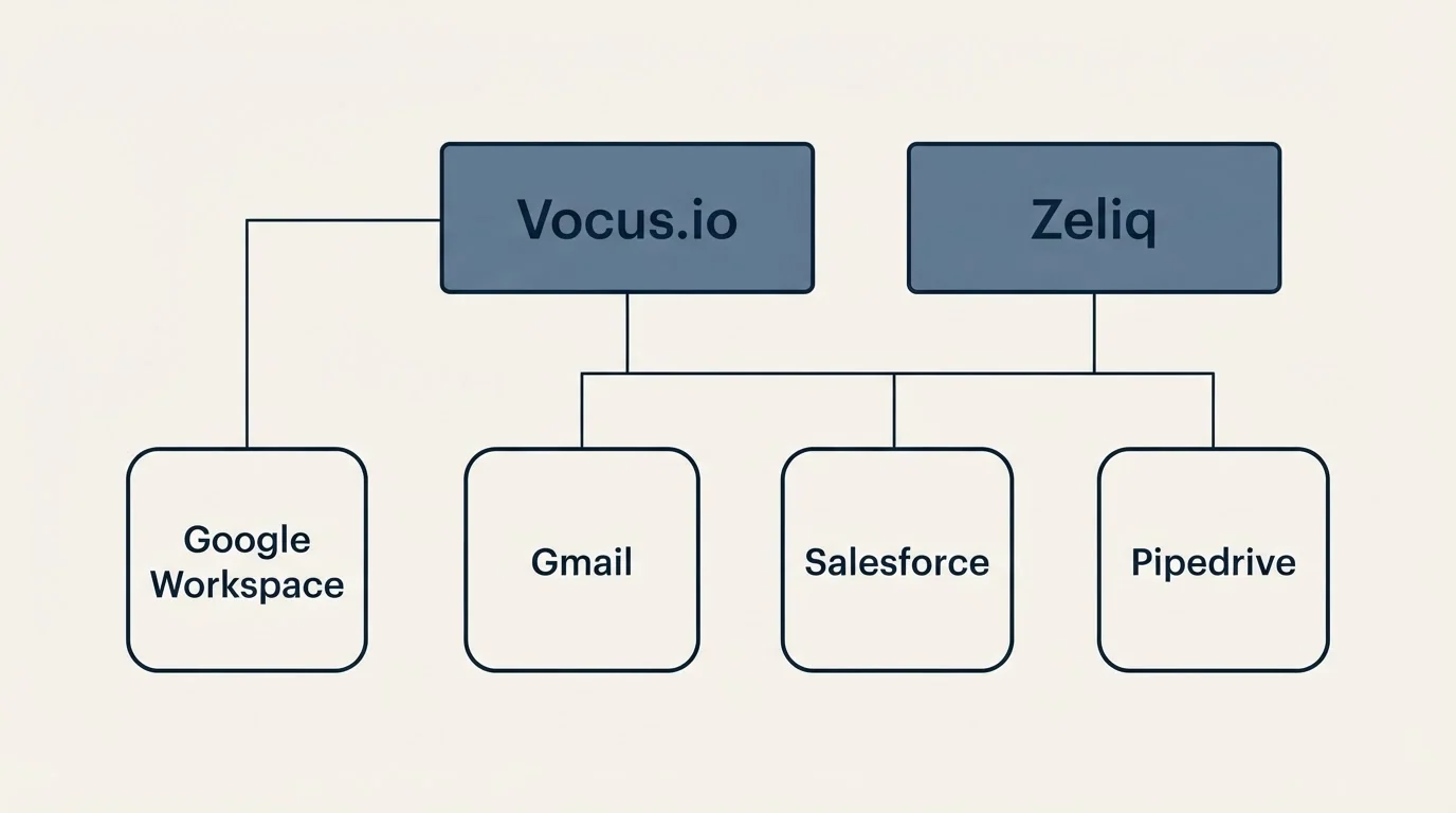 Integration grid: Integration Ecosystem (Vocus.io, Zeliq, Gmail, Salesforce)