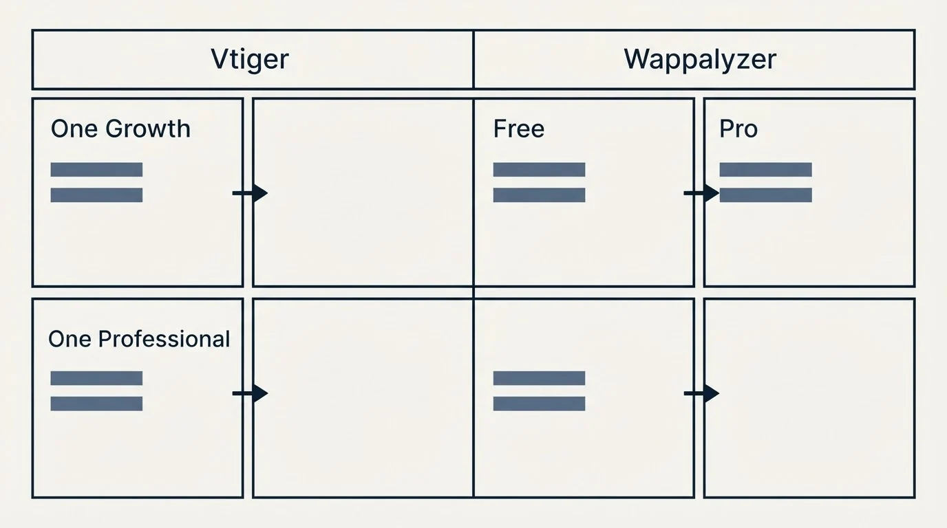 Pricing table: Pricing Comparison (Vtiger, Wappalyzer, One Growth, Free)