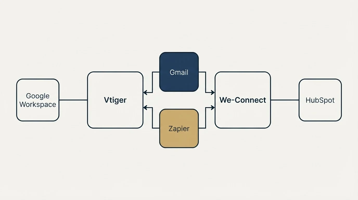 Integration flow: Integration Ecosystem (Vtiger, We-Connect, Gmail, Zapier)