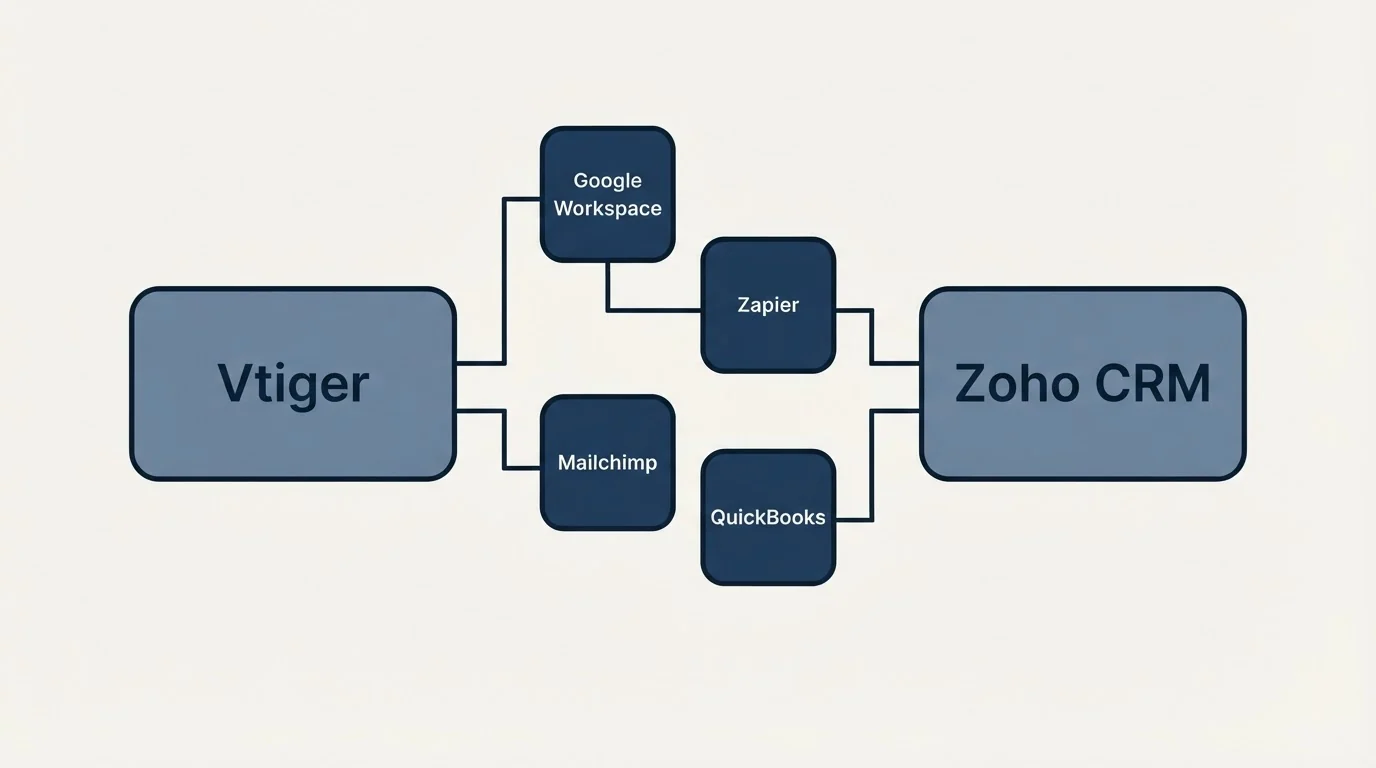 Integration schematic: Integration Ecosystem (Vtiger, Zoho CRM, Google Workspace, Zapier)