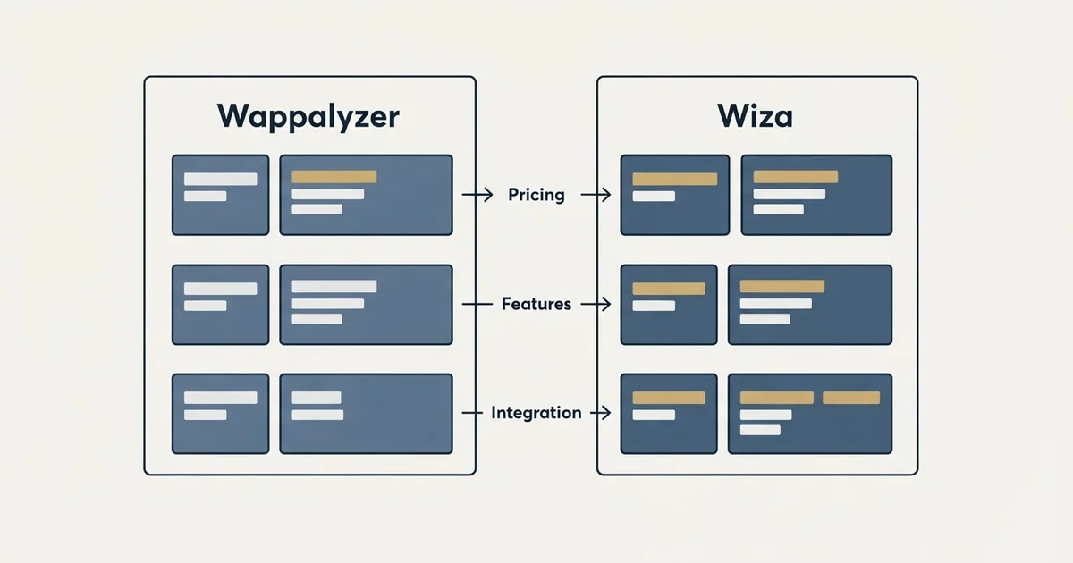 Comparison panel: Wappalyzer vs Wiza (Pricing, Features, Integration)