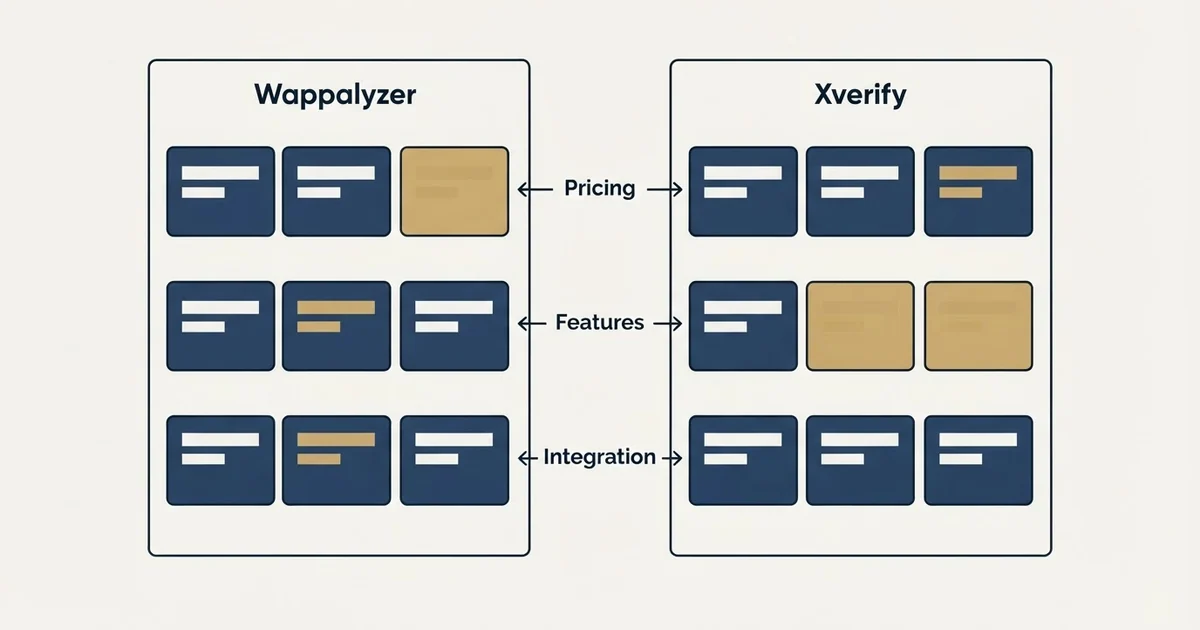 Comparison panel: Wappalyzer vs Xverify (Pricing, Features, Integration)