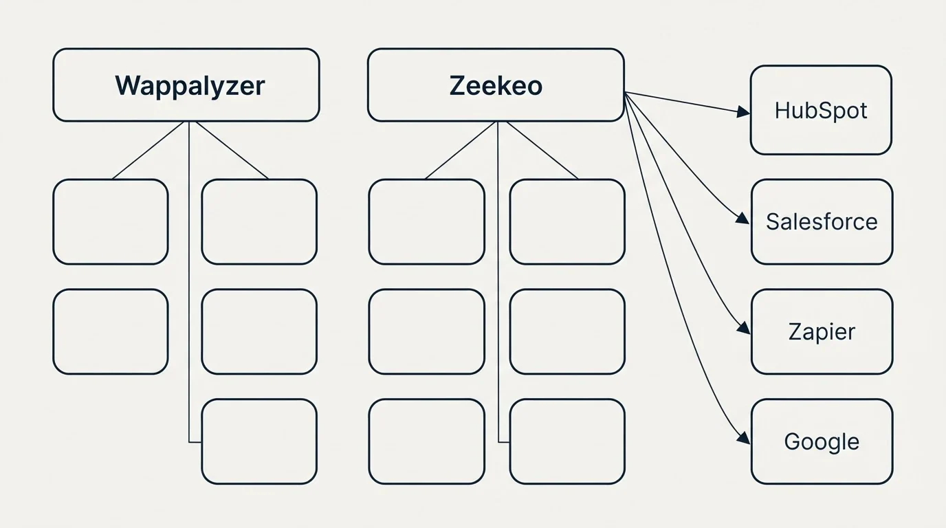 Integration grid: Integration Ecosystem (Wappalyzer, Zeekeo, HubSpot, Salesforce)