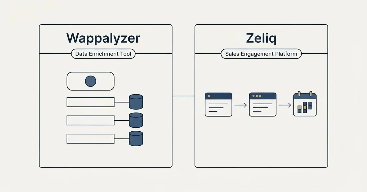 Side-by-side panels: Wappalyzer vs Zeliq (Data Enrichment Tool, Sales Engagement Platform)
