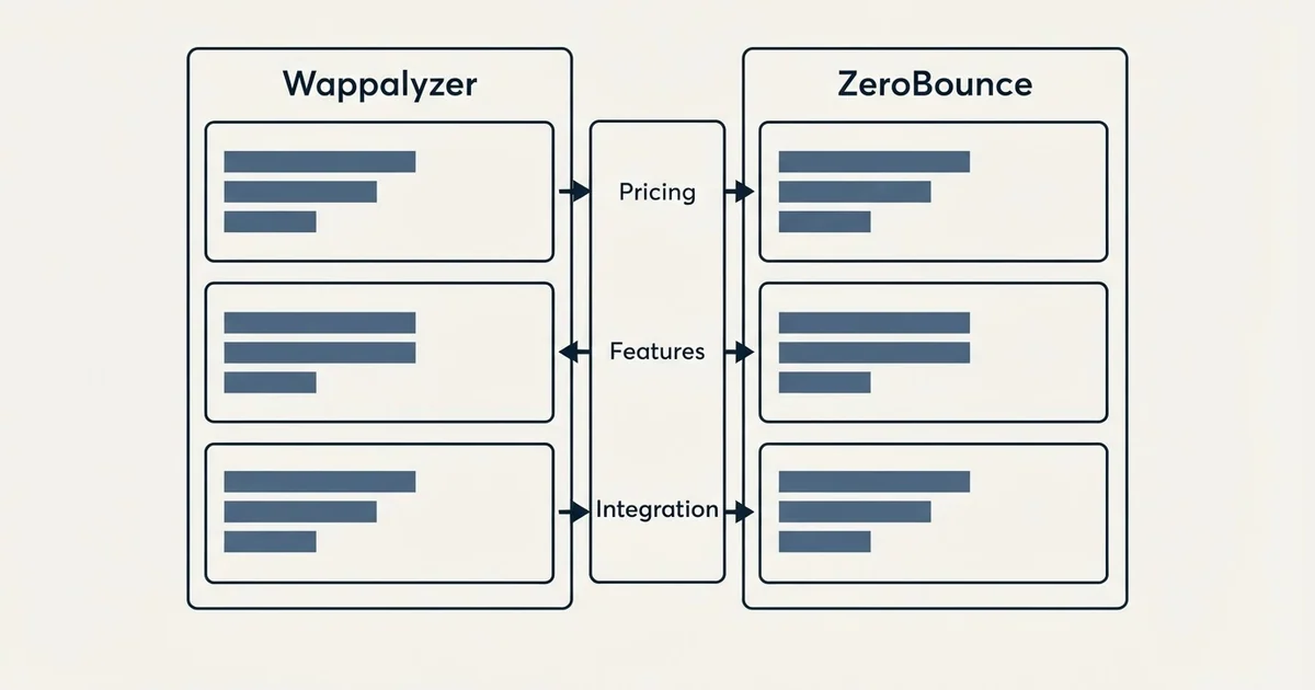 Comparison panel: Wappalyzer vs ZeroBounce (Pricing, Features, Integration)