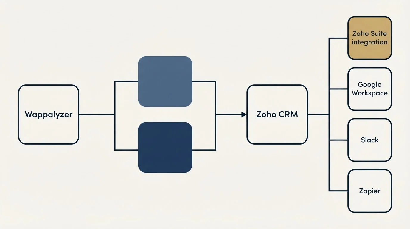 Integration flow: Integration Ecosystem (Wappalyzer, Zoho CRM, Zoho Suite integration, Google Workspace)