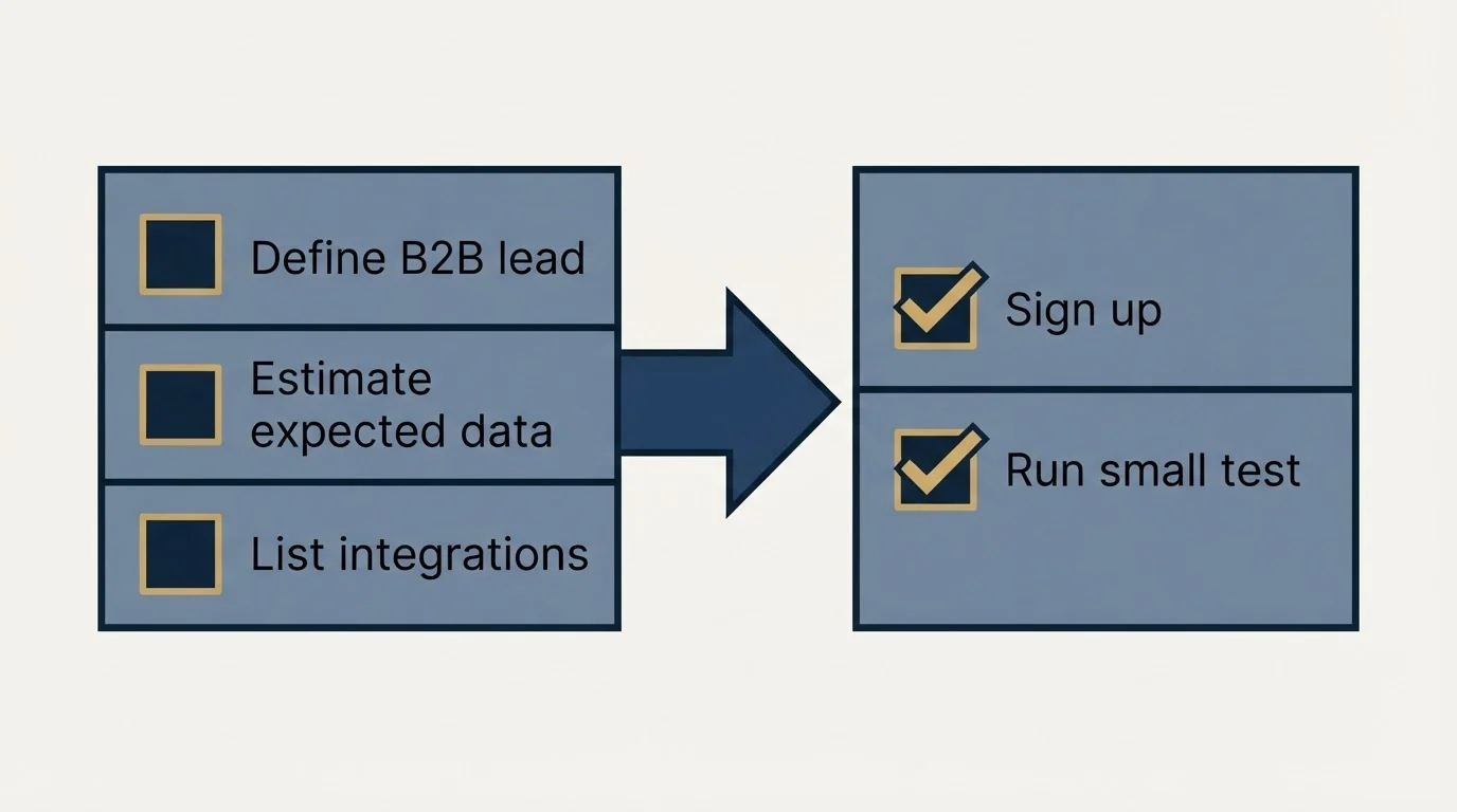 Before-and-after steps: Getting Started Checklist (Define B2B lead, Estimate expected data, List integrations, Sign up)