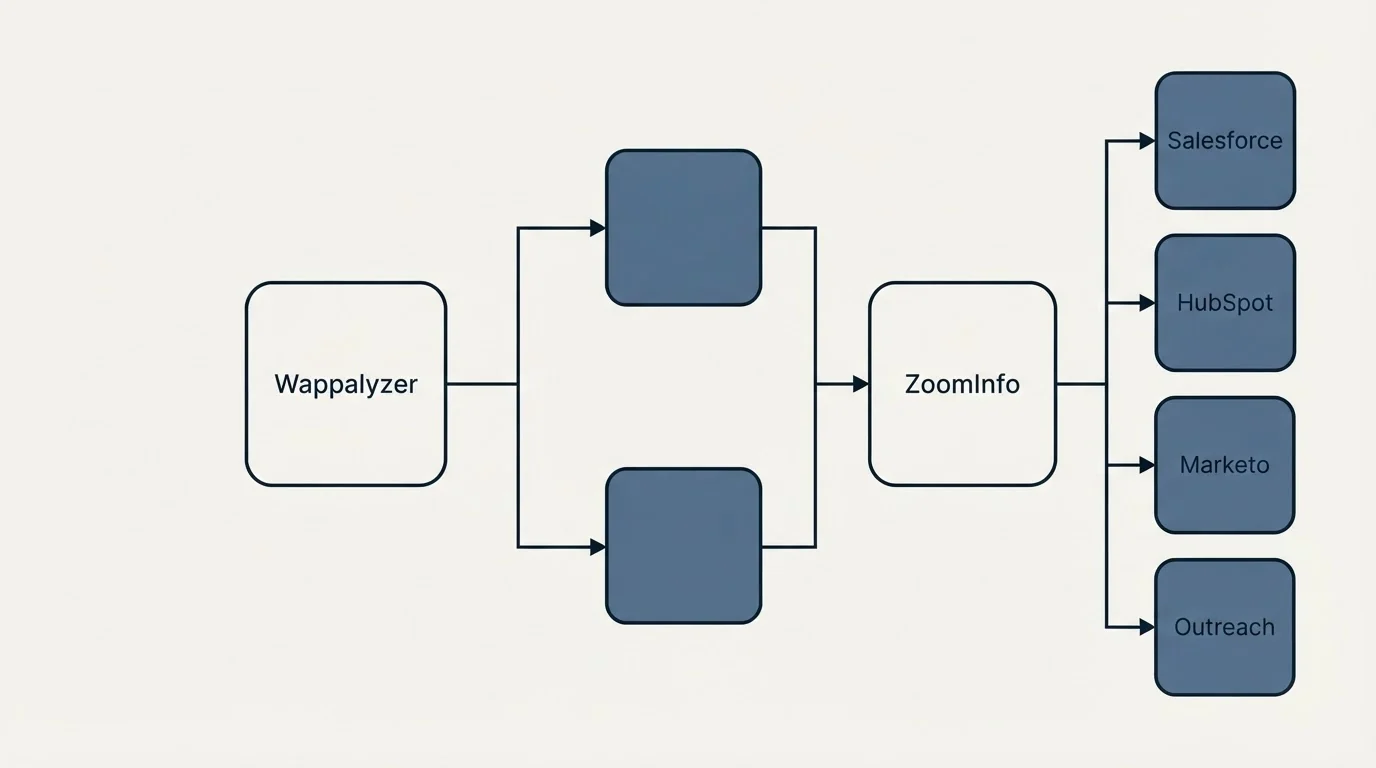 Integration flow: Integration Ecosystem (Wappalyzer, ZoomInfo, Salesforce, HubSpot)