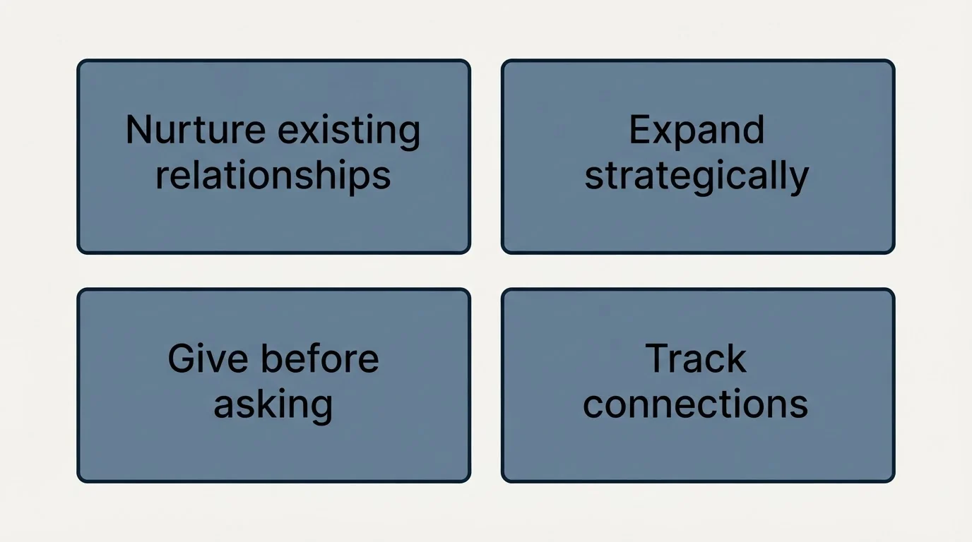 Schematic: Building Your Network for Warm Introductions (Nurture existing relationships, Expand strategically, Give before asking, Track connections)