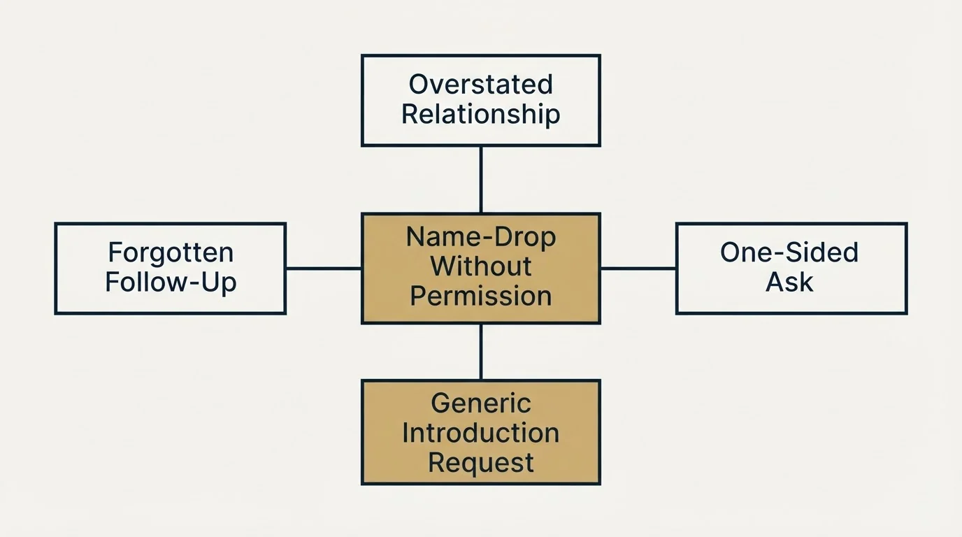 Schematic: Common Warm Introduction Mistakes (Name-Drop Without Permission, Overstated Relationship, Forgotten Follow-Up, One-Sided Ask)