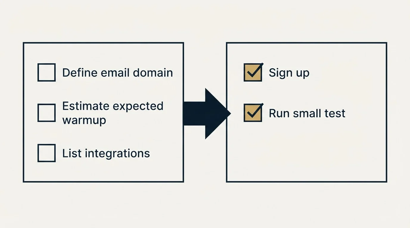 Before-and-after steps: Getting Started Checklist (Define email domain, Estimate expected warmup, List integrations, Sign up)