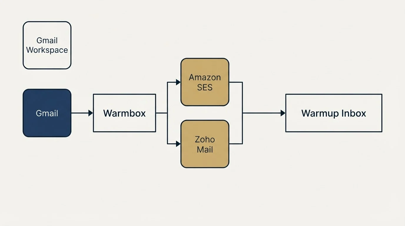 Integration flow: Integration Ecosystem (Warmbox, Warmup Inbox, Amazon SES, Zoho Mail)