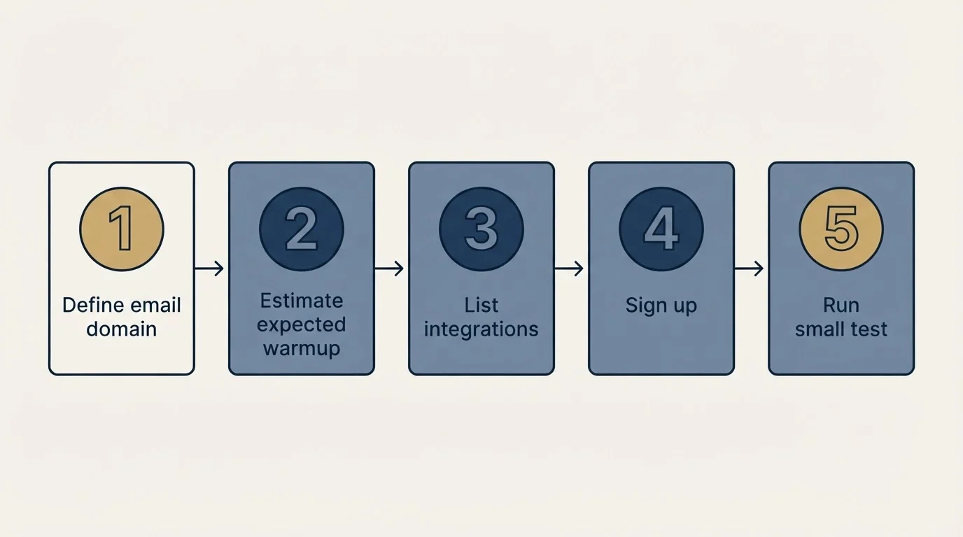 Step sequence: Getting Started Checklist (Define email domain, Estimate expected warmup, List integrations, Sign up)