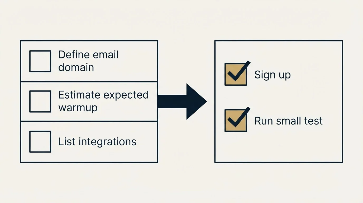 Before-and-after steps: Getting Started Checklist (Define email domain, Estimate expected warmup, List integrations, Sign up)