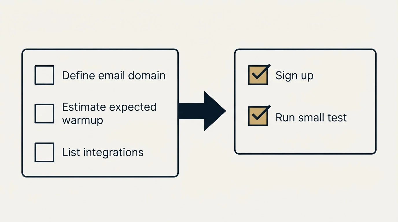 Before-and-after steps: Getting Started Checklist (Define email domain, Estimate expected warmup, List integrations, Sign up)