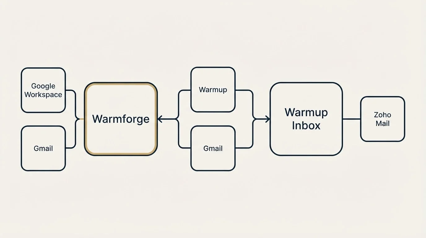 Integration schematic: Integration Ecosystem (Warmforge, Warmup Inbox, Google Workspace, Gmail Workspace)