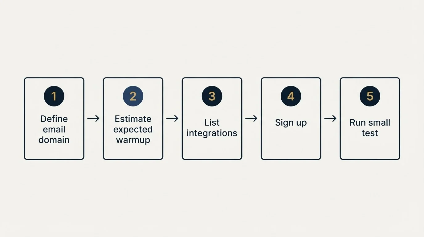Step sequence: Getting Started Checklist (Define email domain, Estimate expected warmup, List integrations, Sign up)