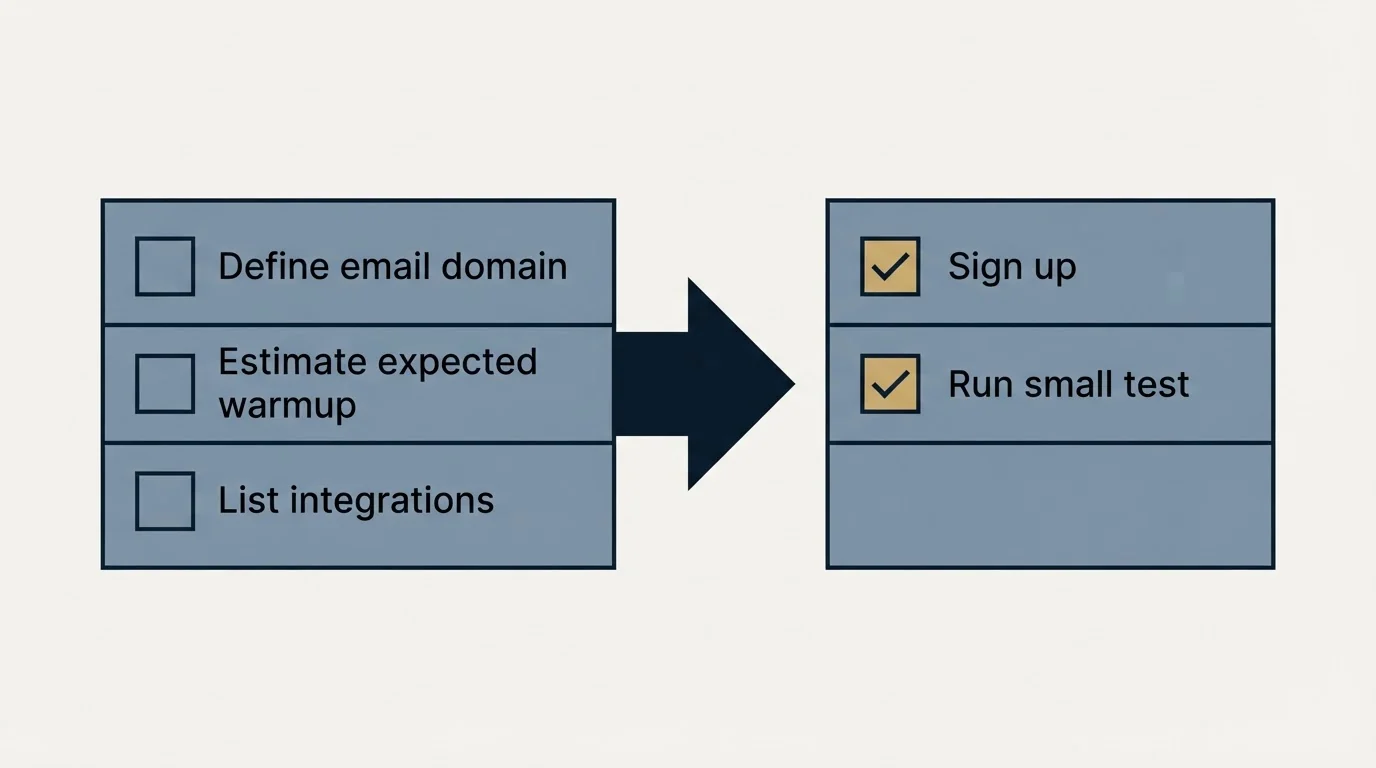 Before-and-after steps: Getting Started Checklist (Define email domain, Estimate expected warmup, List integrations, Sign up)