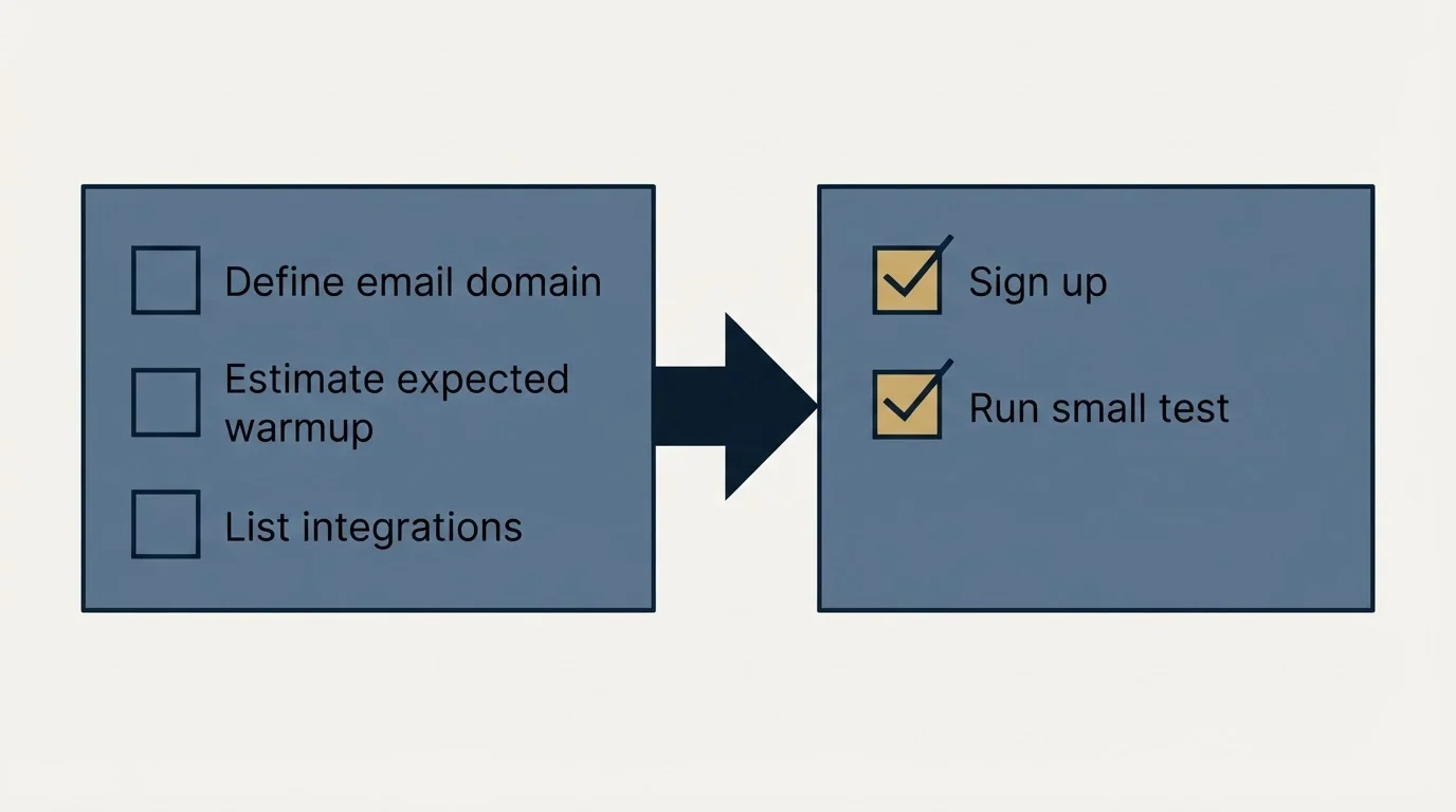Before-and-after steps: Getting Started Checklist (Define email domain, Estimate expected warmup, List integrations, Sign up)