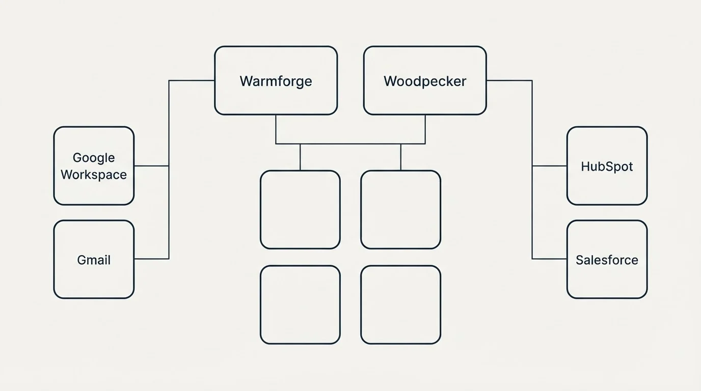 Integration grid: Integration Ecosystem (Warmforge, Woodpecker, Google Workspace, HubSpot)