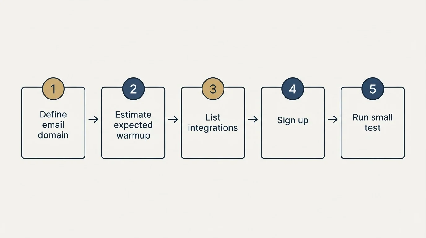Step sequence: Getting Started Checklist (Define email domain, Estimate expected warmup, List integrations, Sign up)