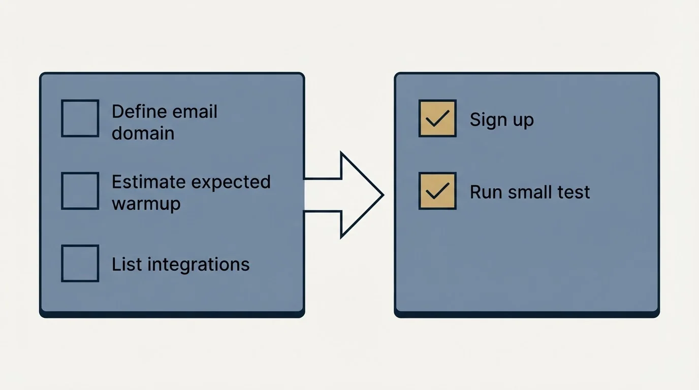 Before-and-after steps: Getting Started Checklist (Define email domain, Estimate expected warmup, List integrations, Sign up)