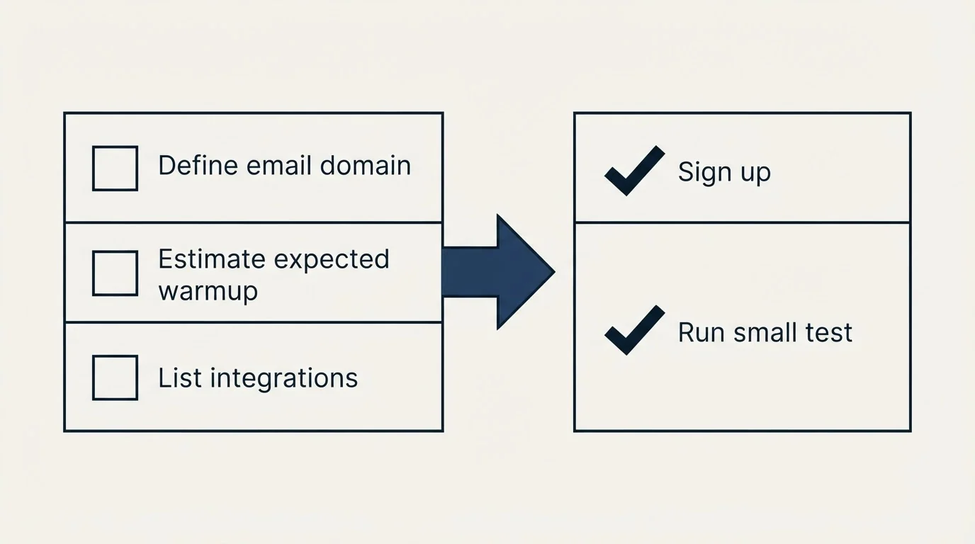 Before-and-after steps: Getting Started Checklist (Define email domain, Estimate expected warmup, List integrations, Sign up)