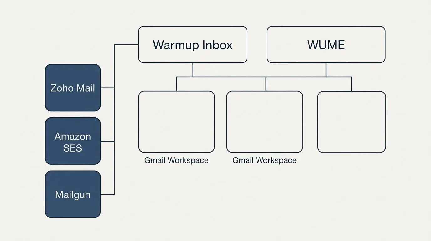 Integration grid: Integration Ecosystem (Warmup Inbox, WUME, Gmail Workspace, Zoho Mail)