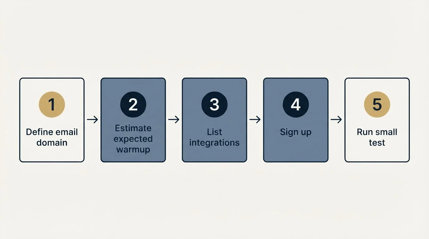 Step sequence: Getting Started Checklist (Define email domain, Estimate expected warmup, List integrations, Sign up)